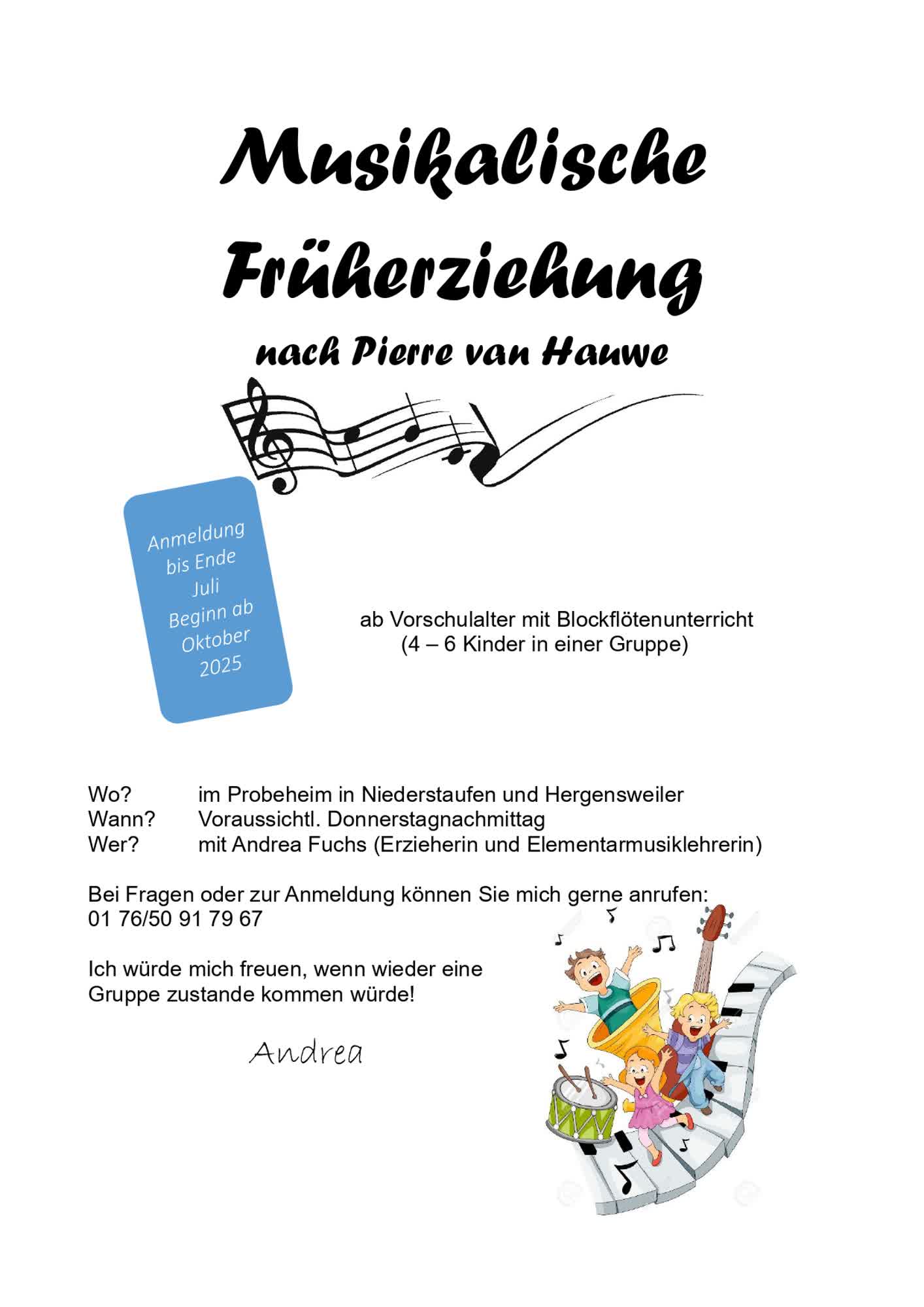 Angebot zur musikalischen Früherziehung ab Oktober 2025